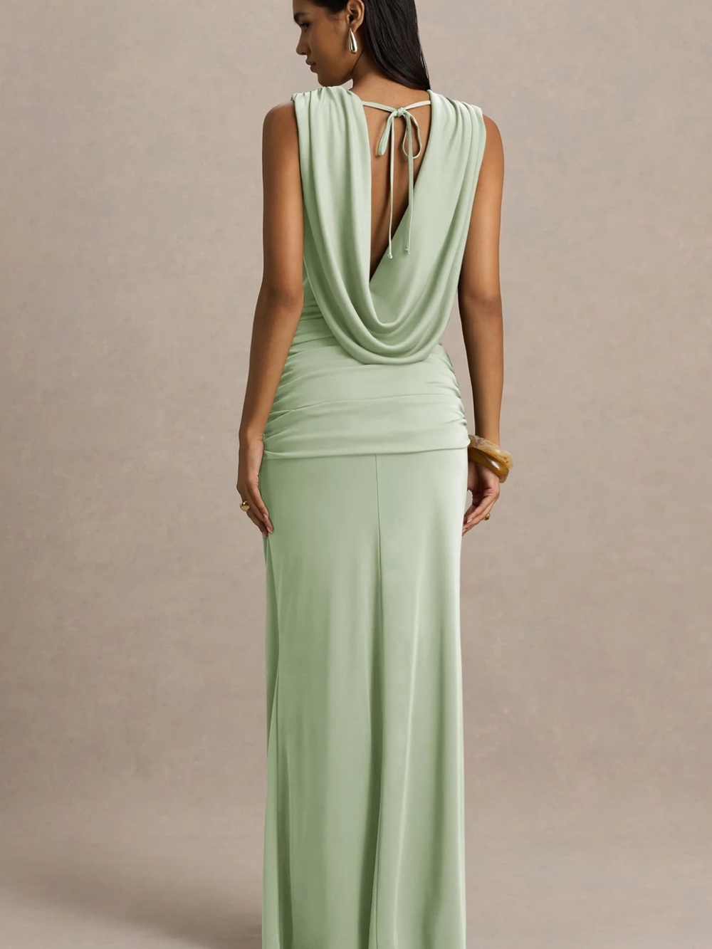 SERAFINA Club L London Sage Green Plunge Draped Maxi Dress - Picture 2 of 4